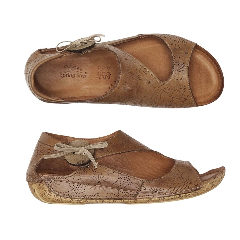Spring Step Lorelle Tan Leather Floral Comfort Sandals SZ 9 US/40 EU Boho Travel